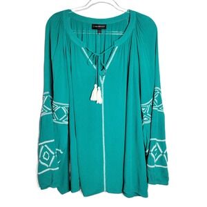 Lane Bryant Teal Green Embroidered Boho Peasant Blouse Tassel Top Plus Size 24